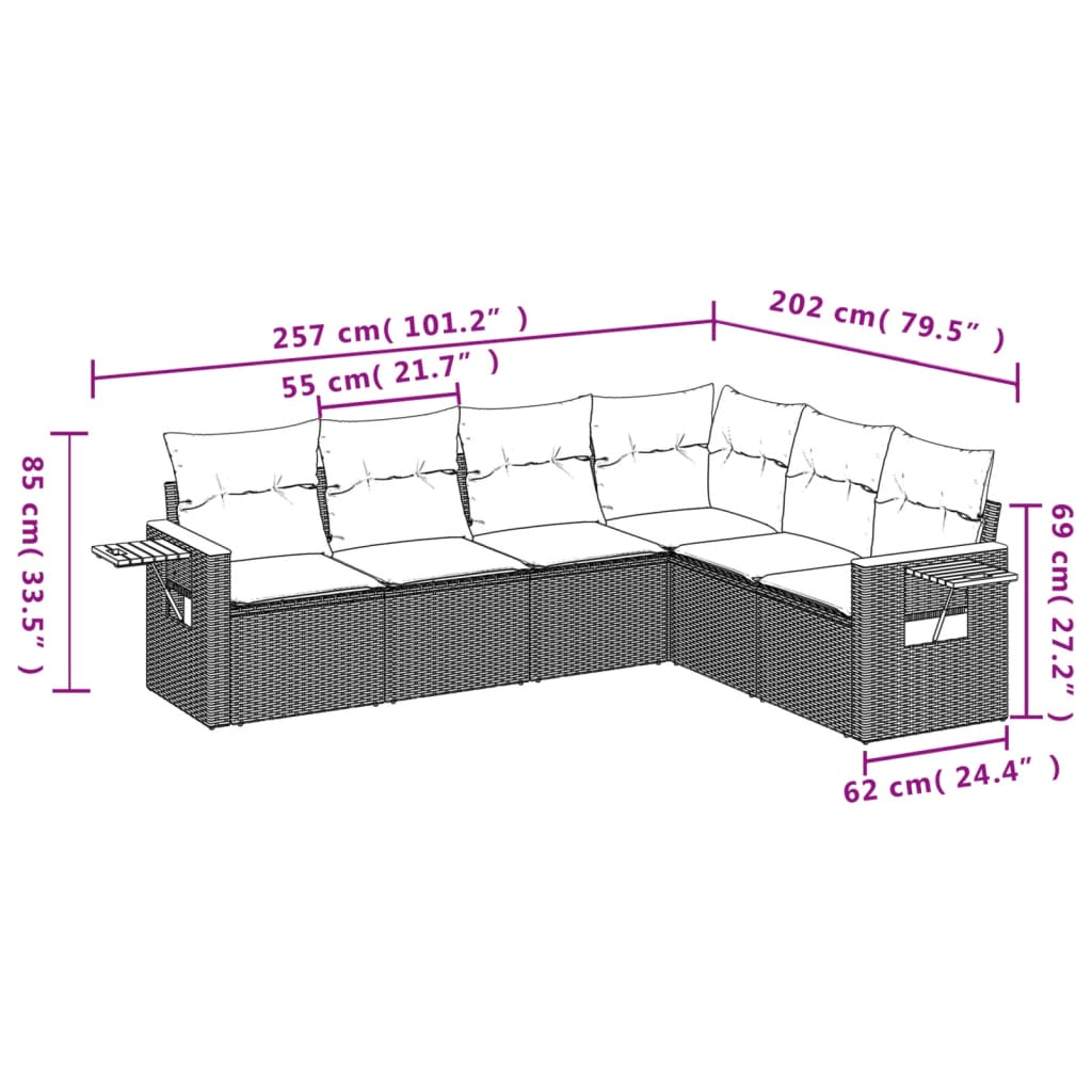 Set divani da giardino in polyrattan grigio, 6 pezzi