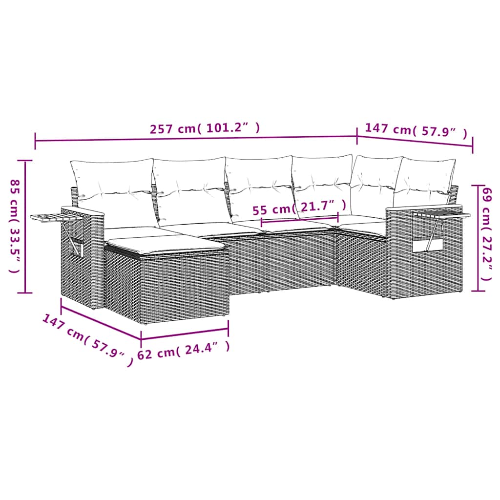 Set Divano da Giardino 6 pz con Cuscini Nero in Polyrattan
