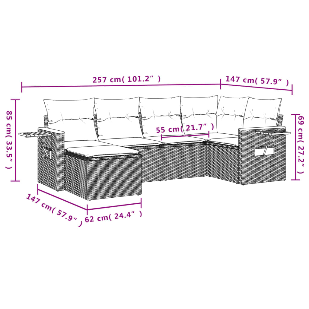 Set Divano da Giardino 6 pz con Cuscini Nero in Polyrattan