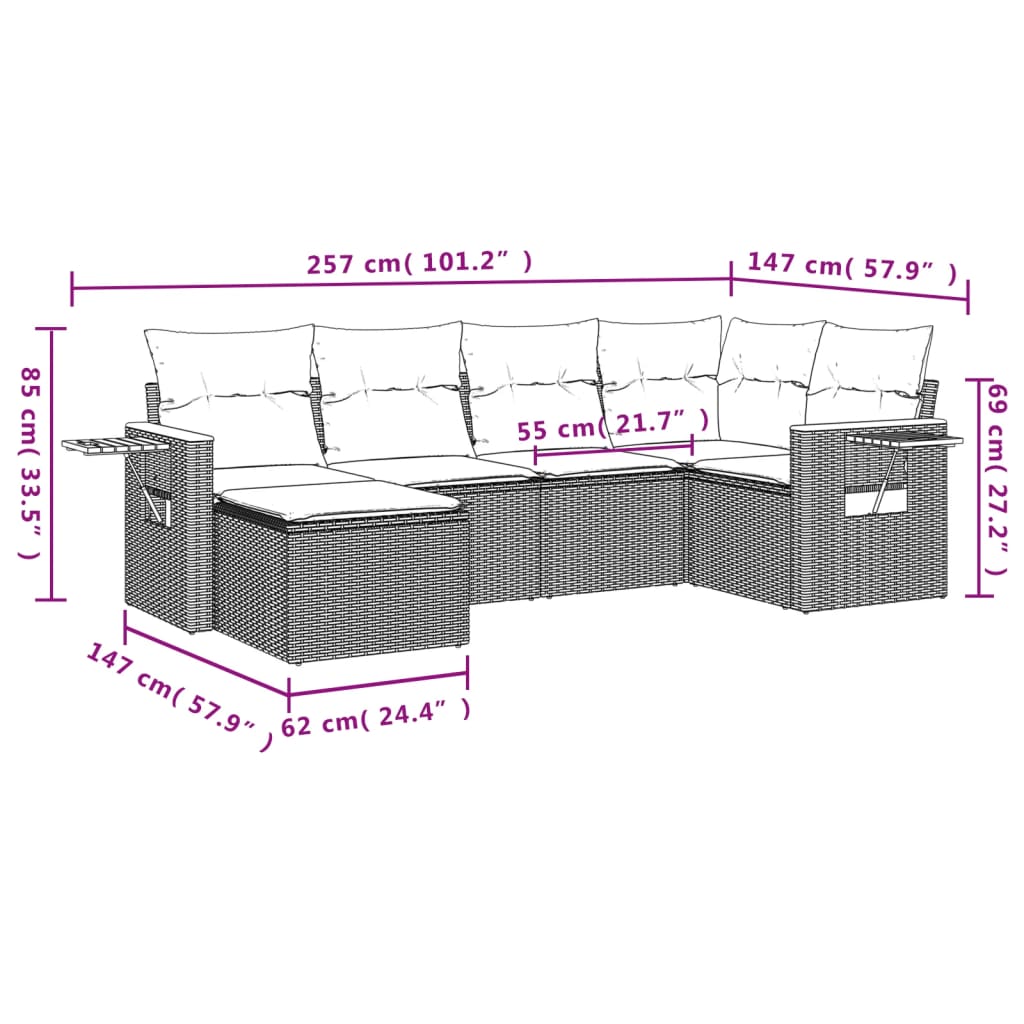 Set Divani da Giardino 6 pz con Cuscini Nero in Polyrattan