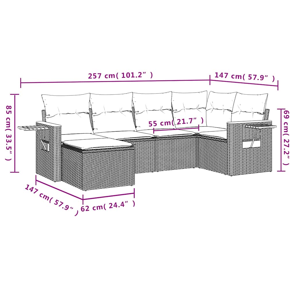 Set Divani da Giardino 6 pz con Cuscini Grigio in Polyrattan