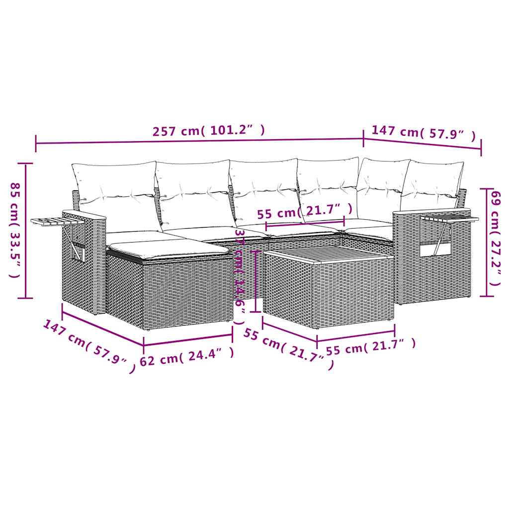 Set Divani da Giardino 7 pz con Cuscini Grigio in Polyrattan