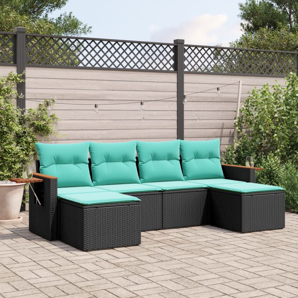 Set Divani da Giardino 6 pz con Cuscini Nero in Polyrattan