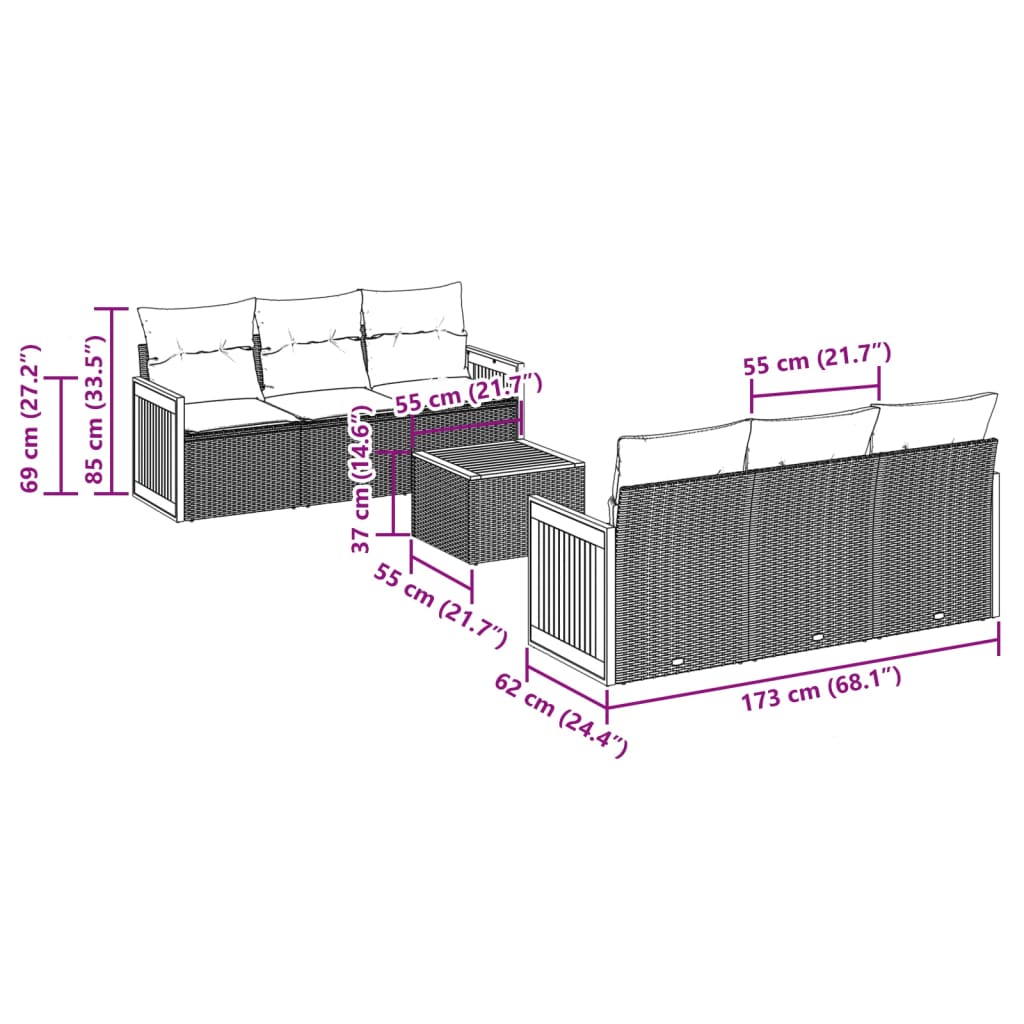 Set Divani da Giardino 7 pz con Cuscini Beige in Polyrattan