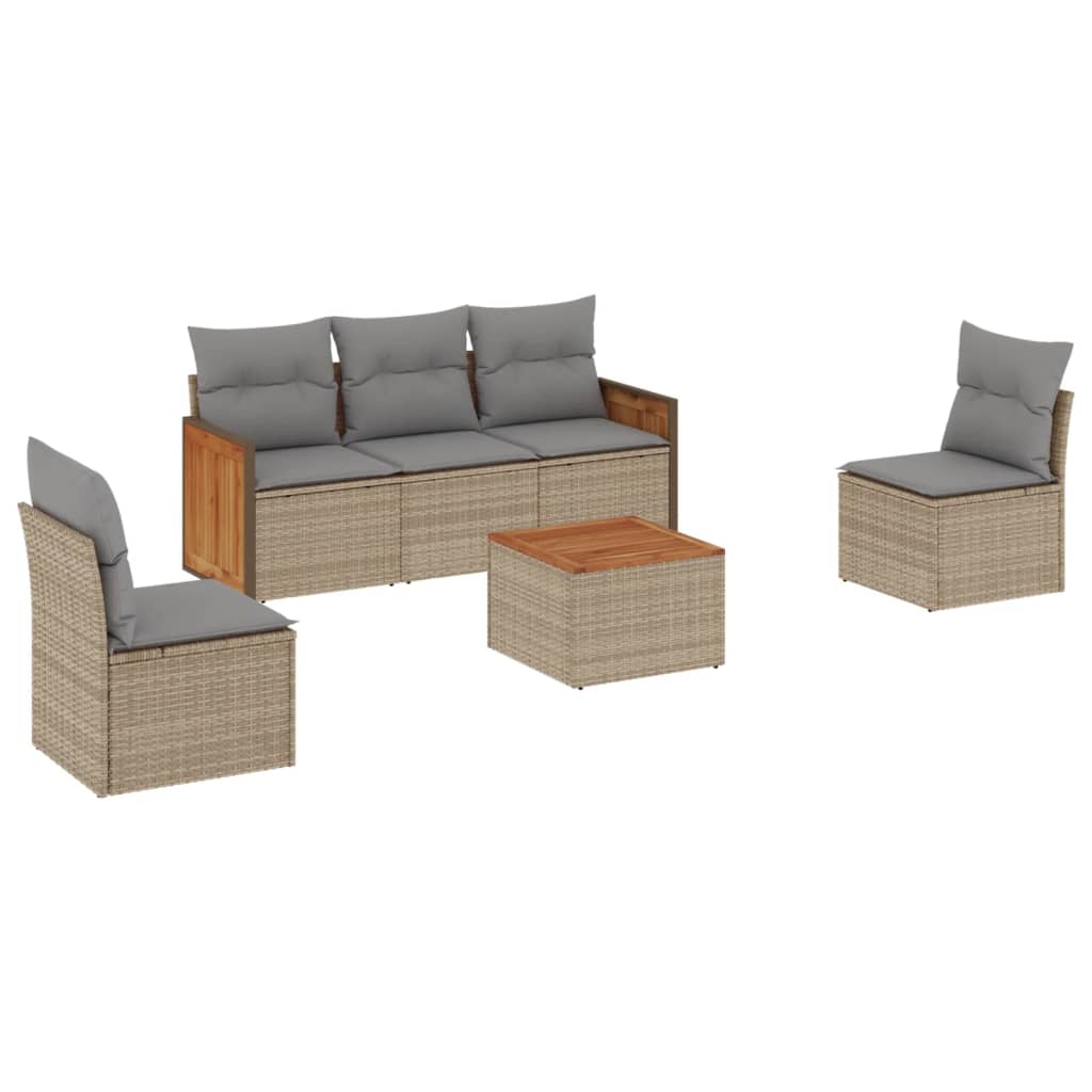Set Divano da Giardino 6 pz con Cuscini Beige in Polyrattan