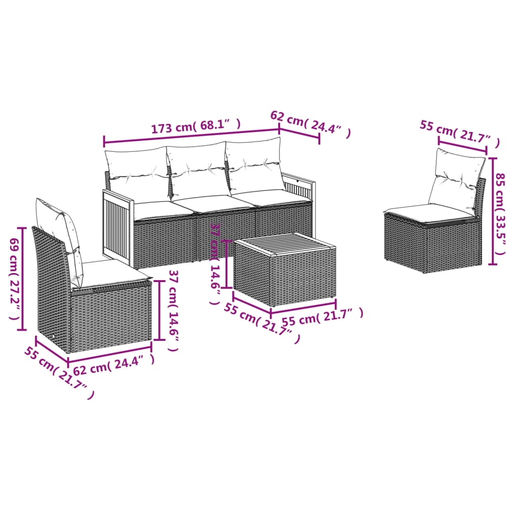 Set Divano da Giardino 6 pz con Cuscini Beige in Polyrattan