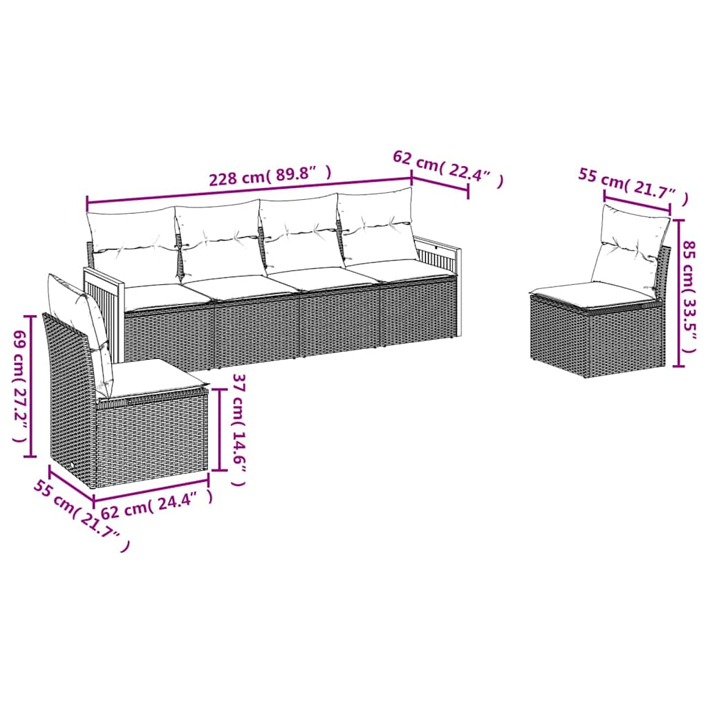 Set Divani da Giardino 6 pz con Cuscini Nero in Polyrattan