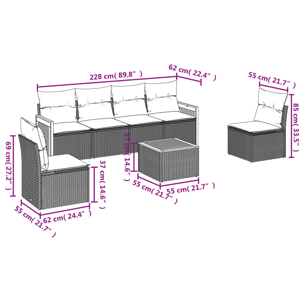 Set Divani da Giardino 7 pz con Cuscini Grigio in Polyrattan