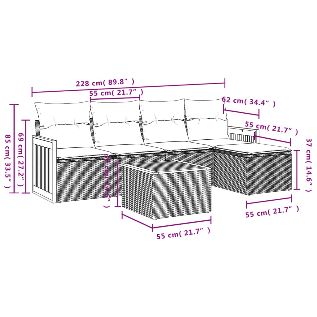Set Divano da Giardino 6 pz con Cuscini Beige in Polyrattan