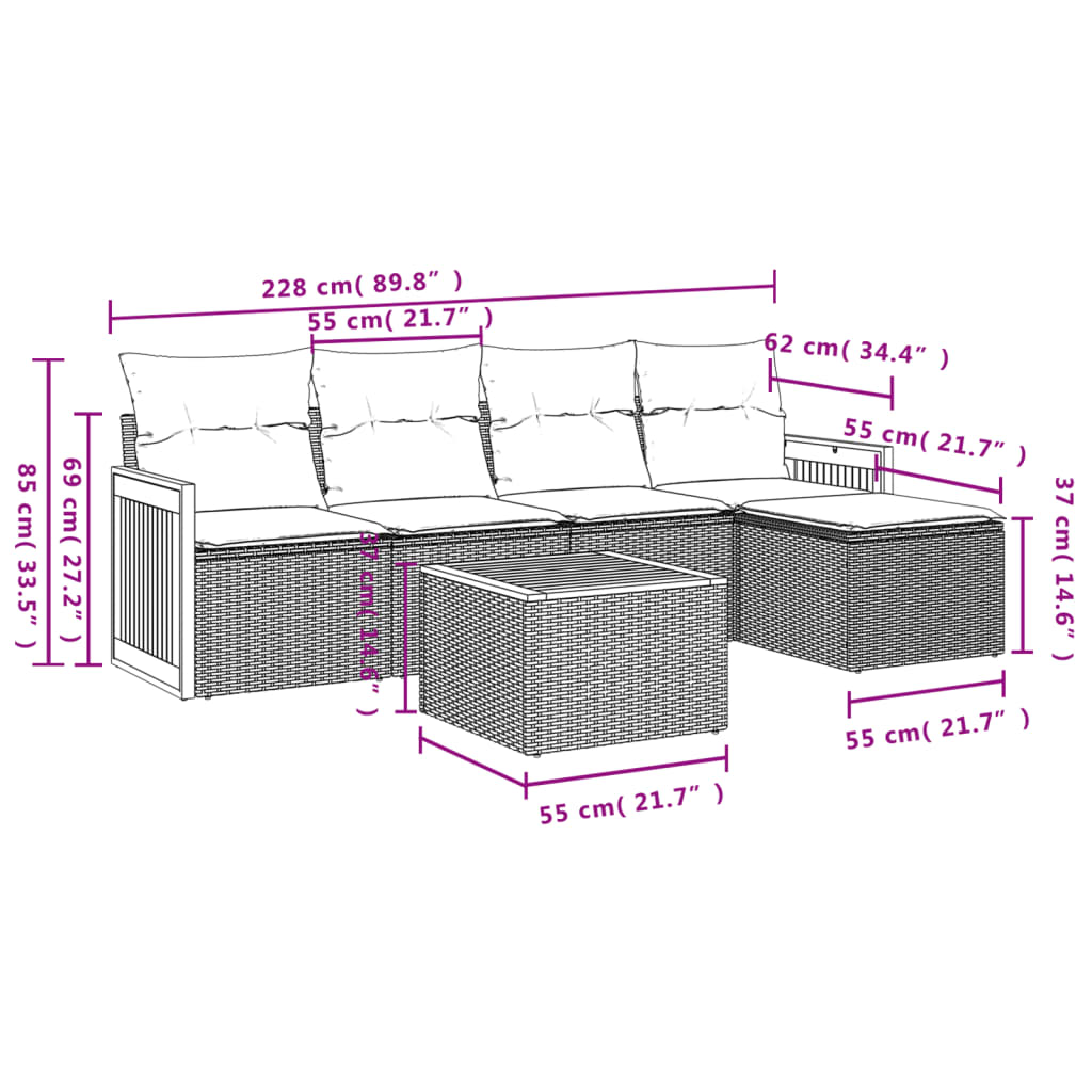 Set Divano da Giardino 6 pz con Cuscini Beige in Polyrattan