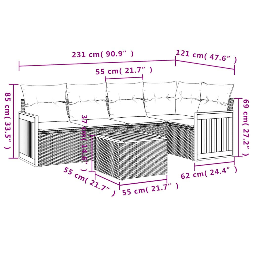 Set Divani da Giardino 6 pz con Cuscini Nero in Polyrattan