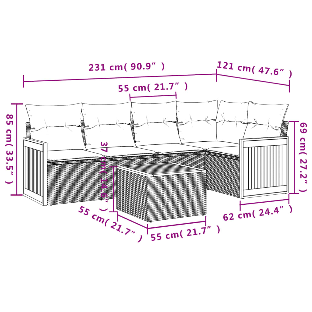 Set Divano da Giardino 6 pz con Cuscini Beige in Polyrattan