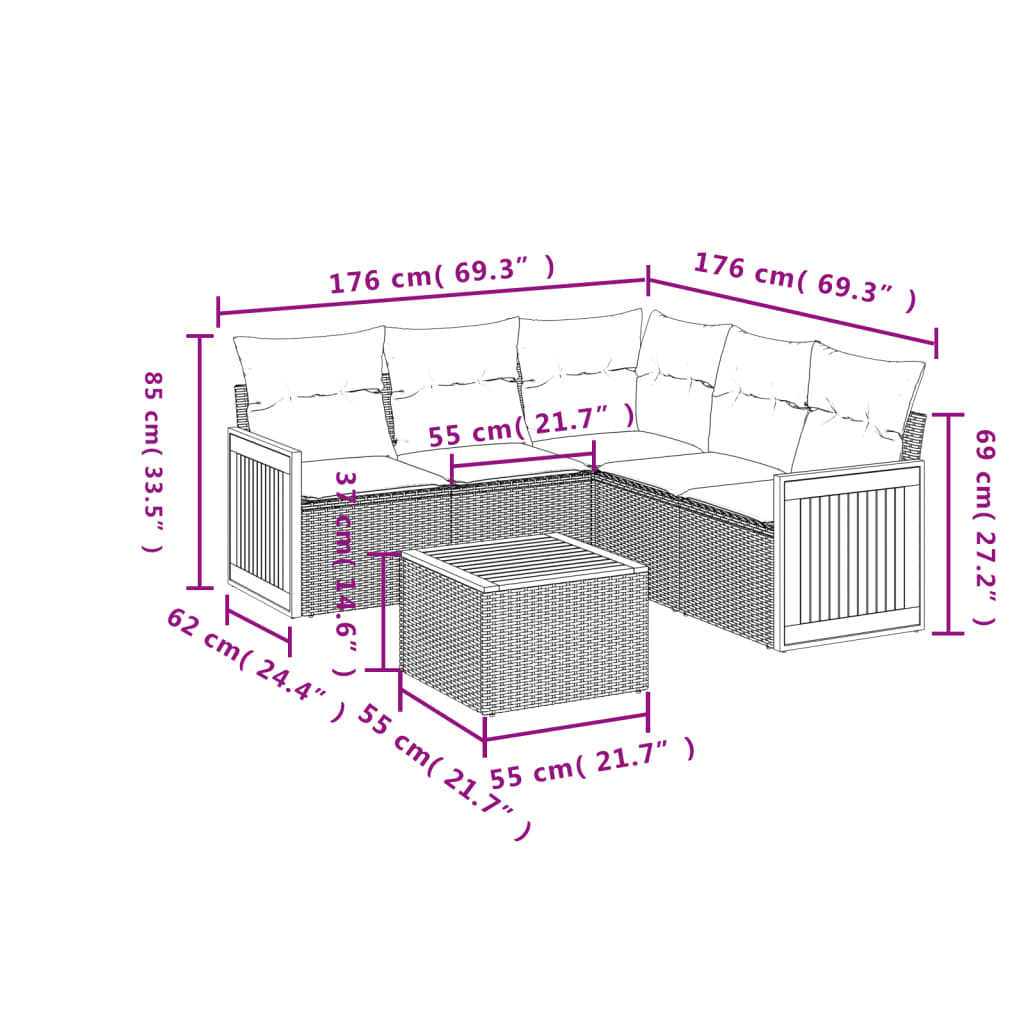 Set Divani da Giardino 6 pz con Cuscini Nero in Polyrattan