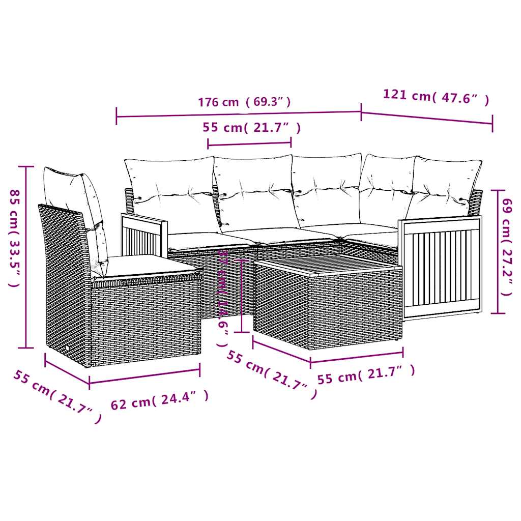 Set Divano da Giardino 6 pz con Cuscini Nero in Polyrattan
