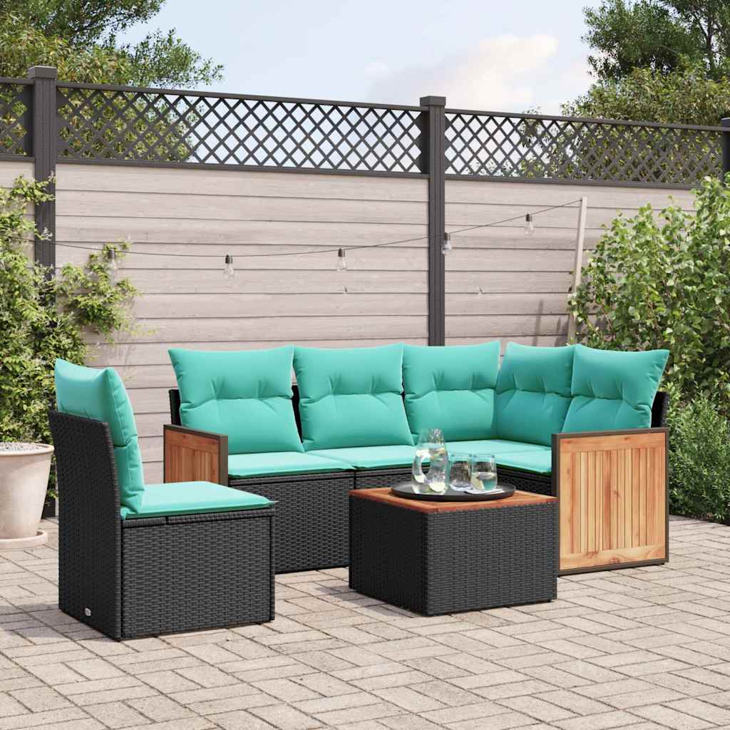 Set Divani da Giardino 6 pz con Cuscini Nero in Polyrattan