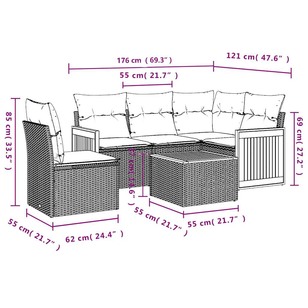 Set Divani da Giardino 6 pz con Cuscini Nero in Polyrattan