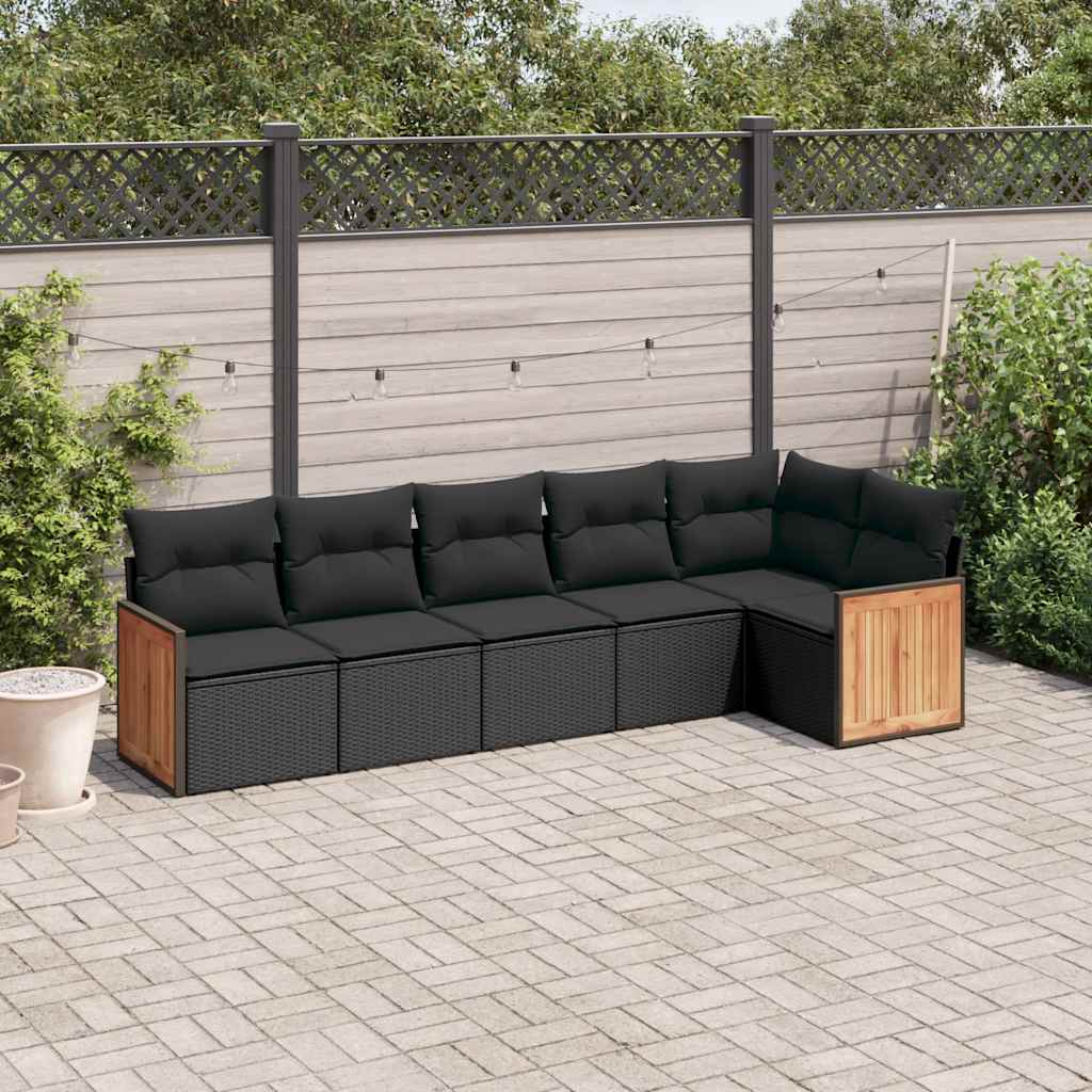 Set Divano da Giardino 6 pz con Cuscini Nero in Polyrattan
