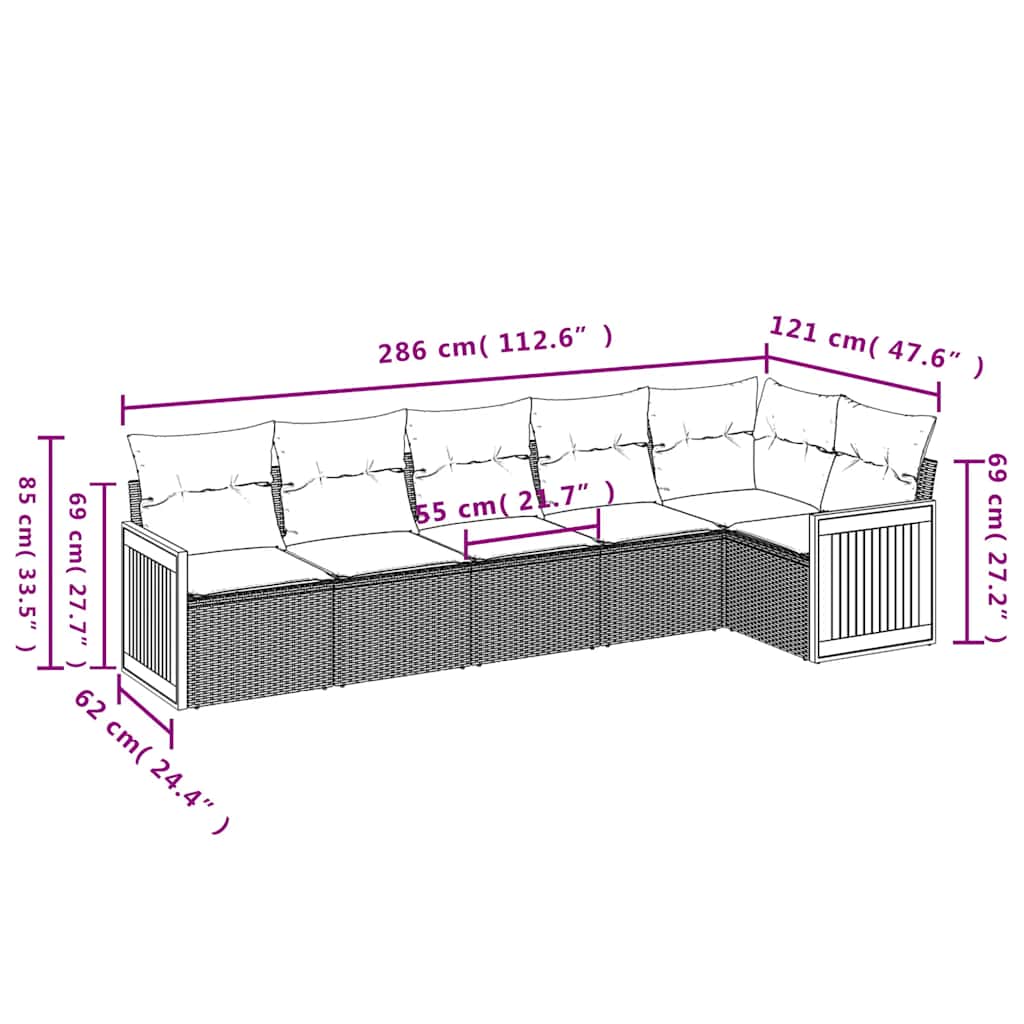 Set Divani da Giardino 6 pz con Cuscini Nero in Polyrattan