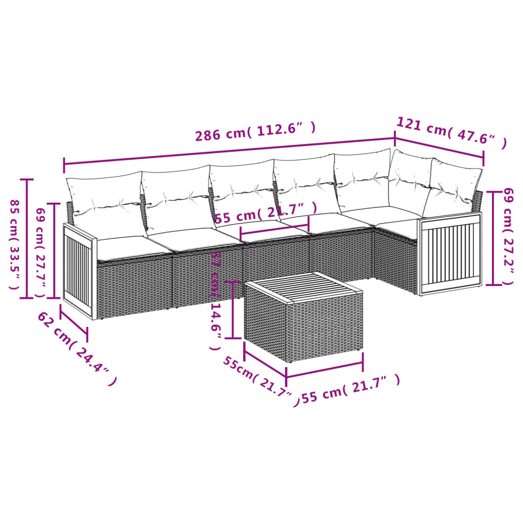 Set Divani da Giardino 7 pz con Cuscini Grigio in Polyrattan