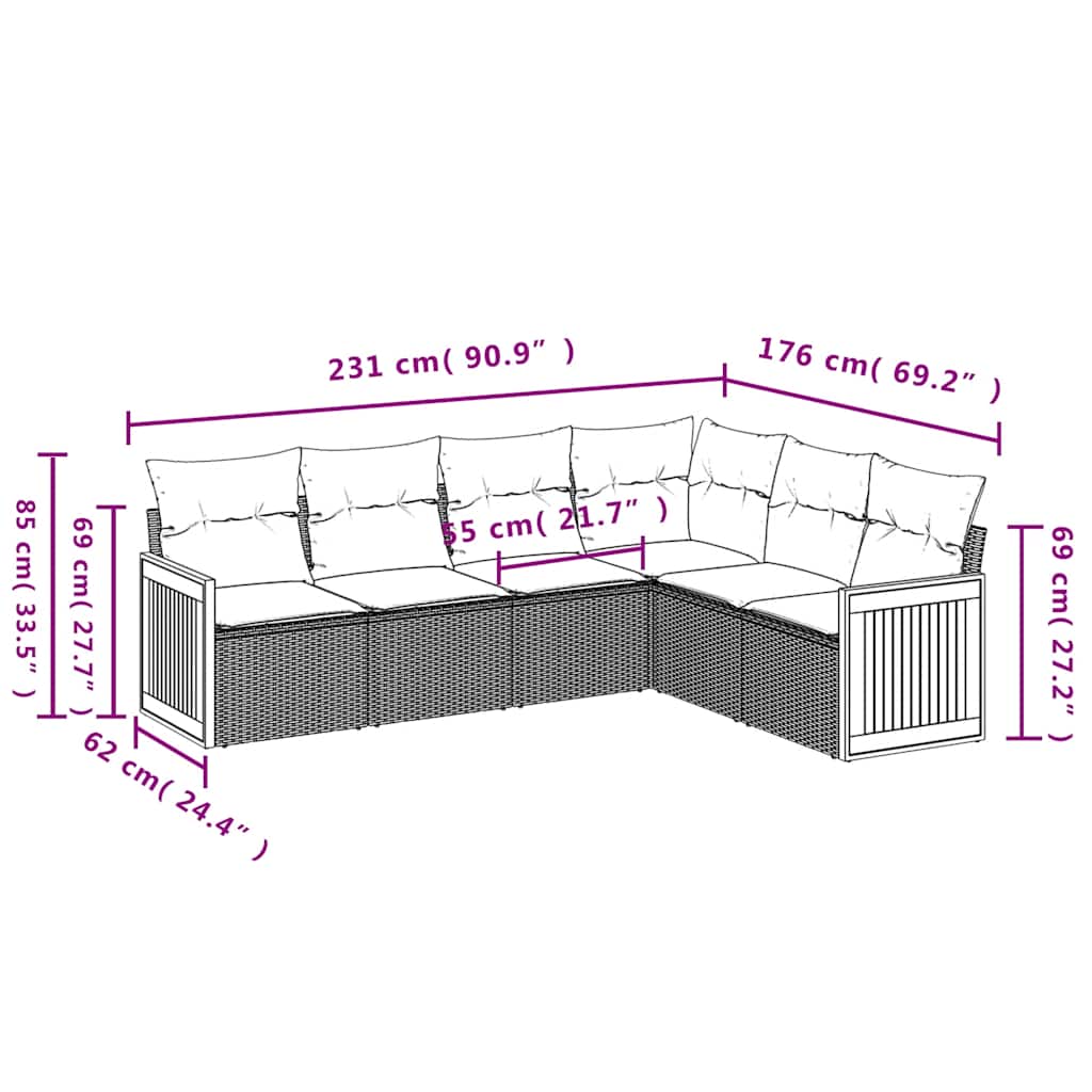 Set Divani da Giardino 6 pz con Cuscini Nero in Polyrattan