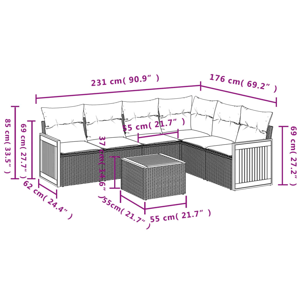 Set Divani da Giardino 7 pz con Cuscini Grigio in Polyrattan
