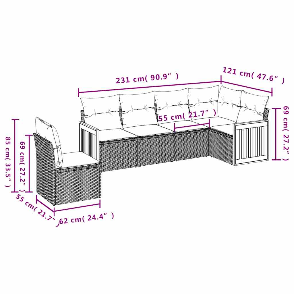 Set Divani da Giardino 6 pz con Cuscini Grigio in Polyrattan