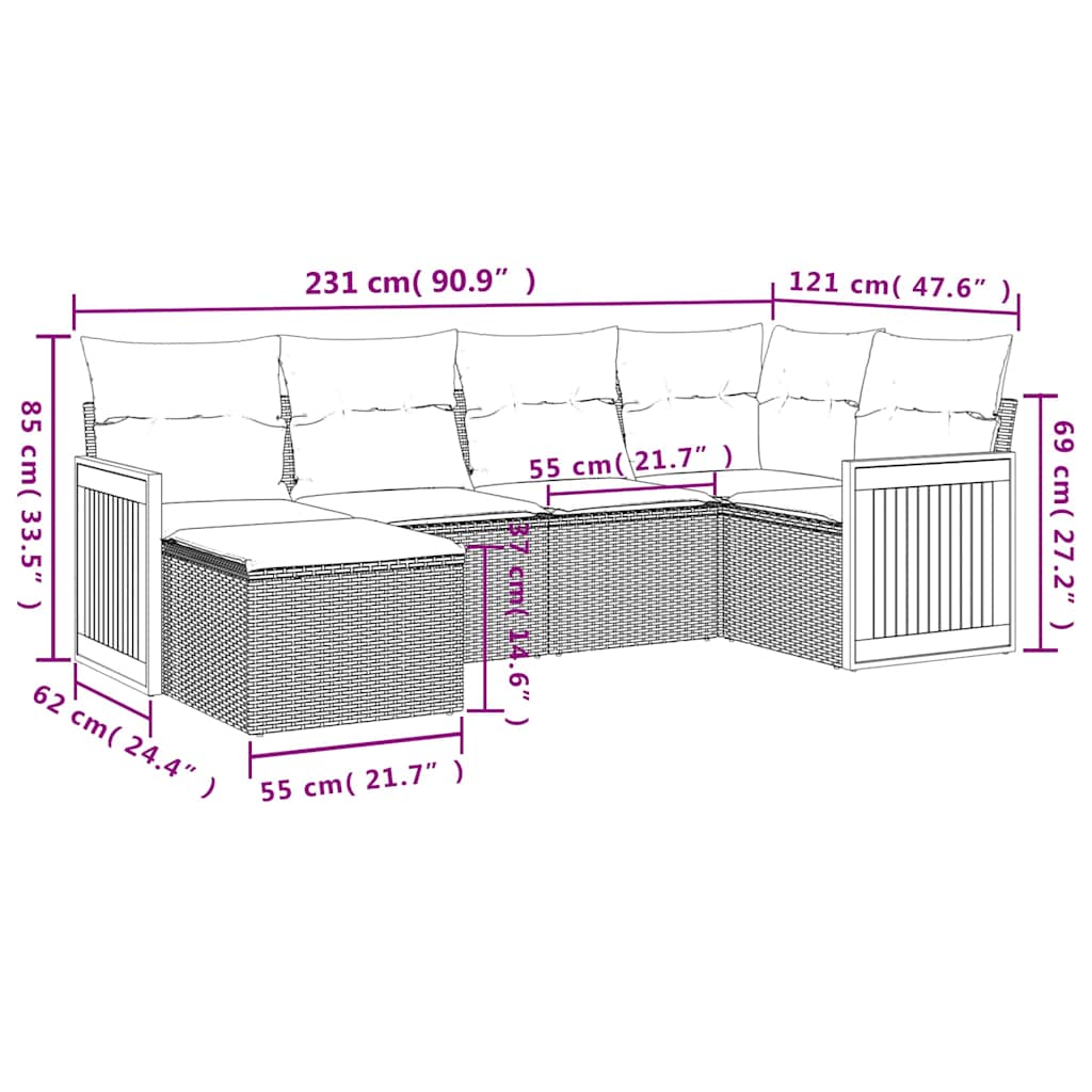 Set Divano da Giardino 6 pz con Cuscini Nero in Polyrattan