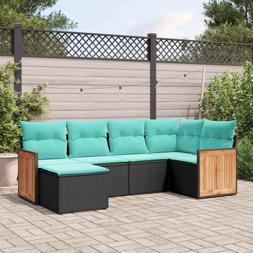 Set Divani da Giardino 6 pz con Cuscini Nero in Polyrattan