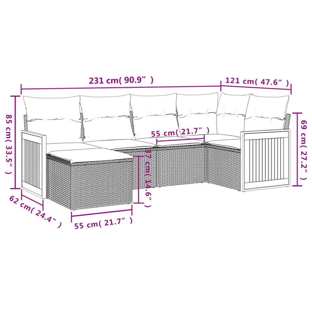 Set Divani da Giardino 6 pz con Cuscini Nero in Polyrattan