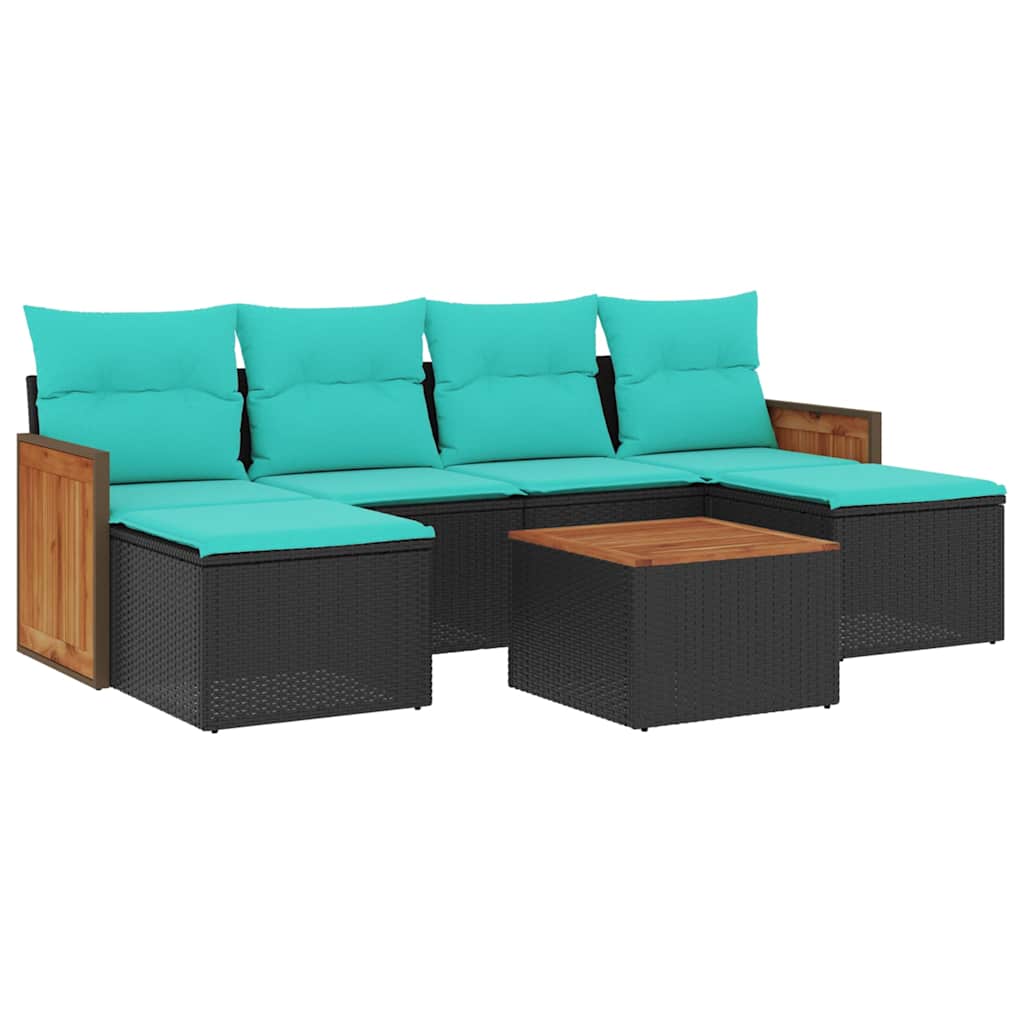 Set Divani da Giardino 7 pz con Cuscini Nero in Polyrattan