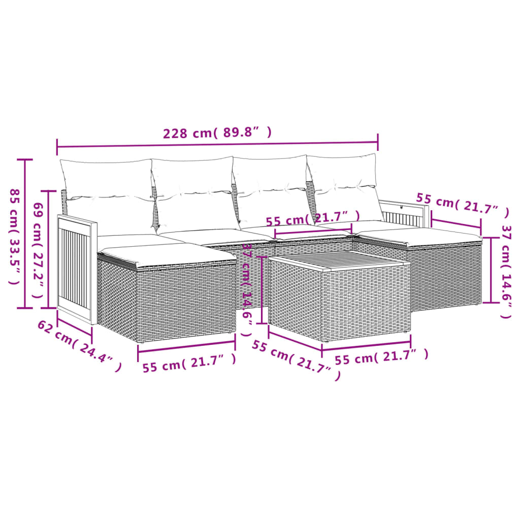 Set Divani da Giardino 7 pz con Cuscini Beige in Polyrattan