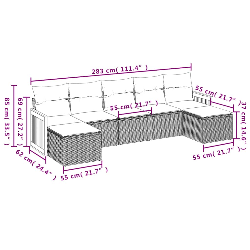 Set Divani da Giardino 7 pz con Cuscini Nero in Polyrattan