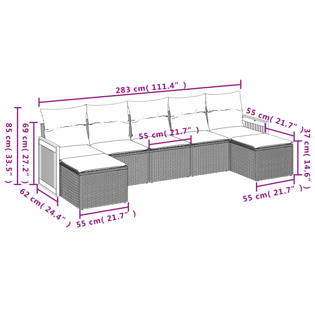 Set Divani da Giardino 7 pz con Cuscini Grigio in Polyrattan