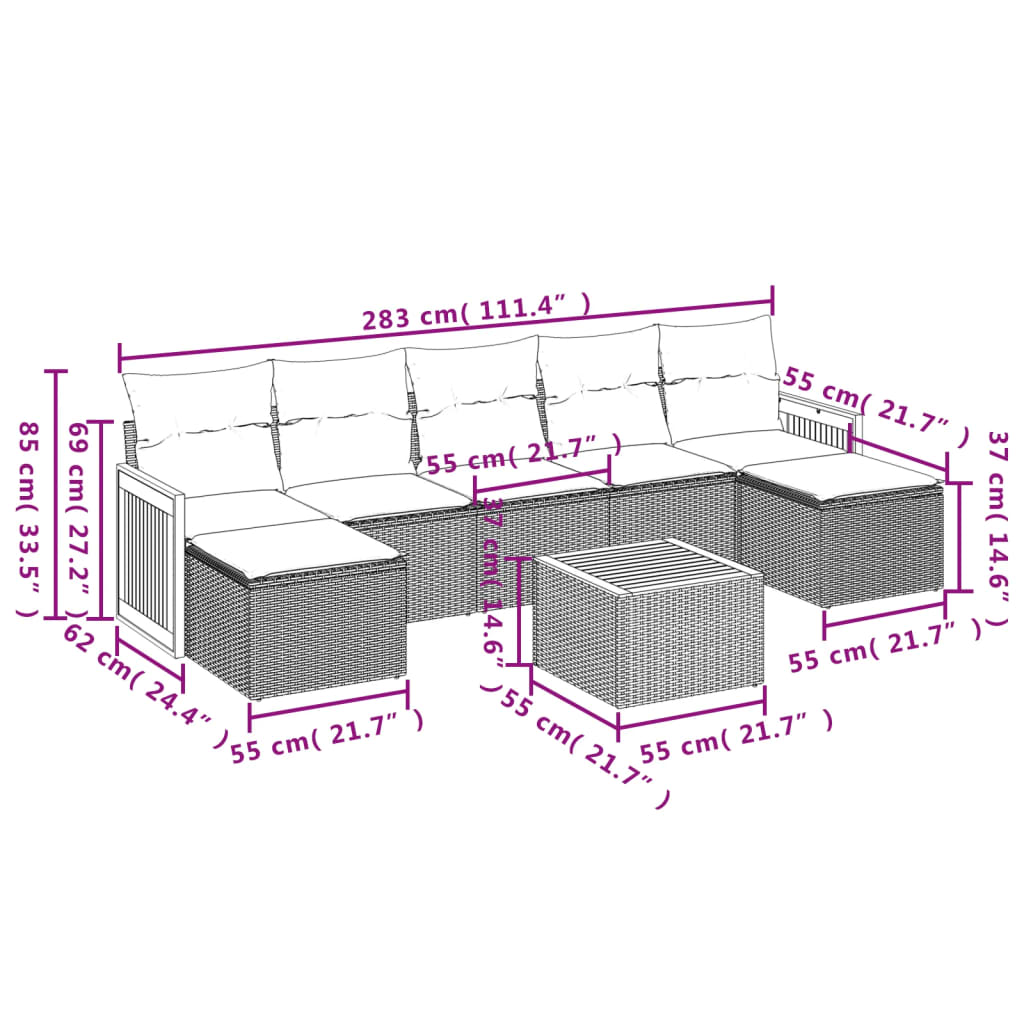 Set Divano da Giardino 8 pz con Cuscini Grigio in Polyrattan