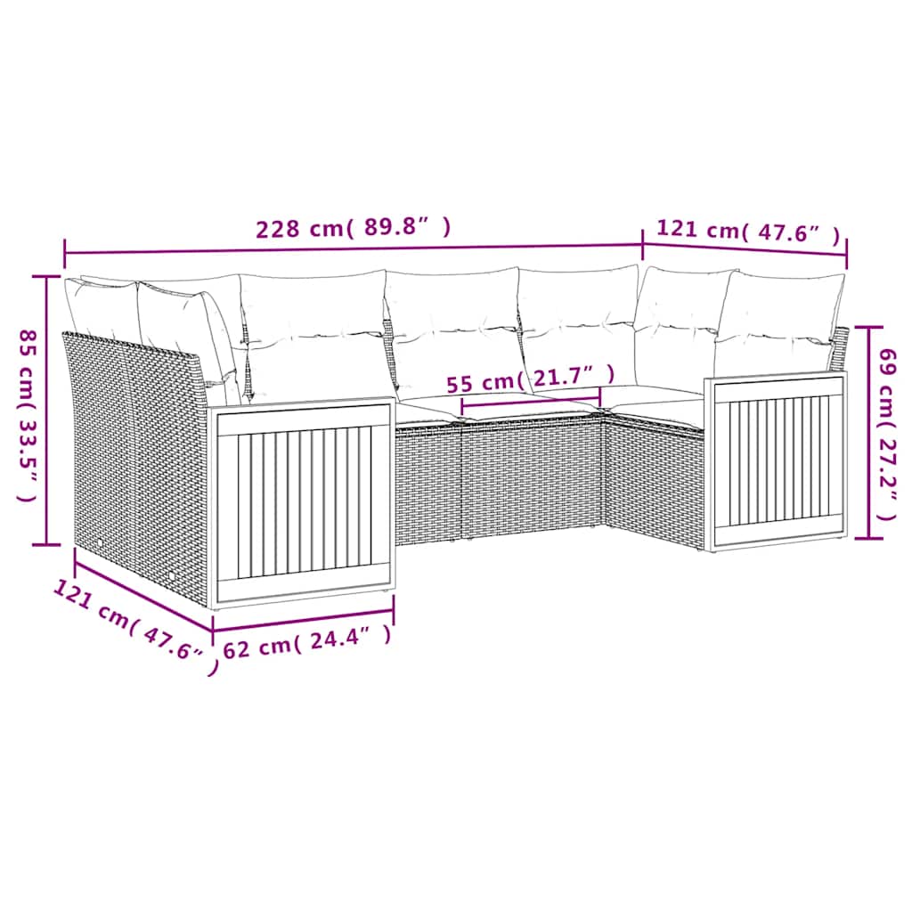 Set Divani da Giardino 6 pz con Cuscini Nero in Polyrattan