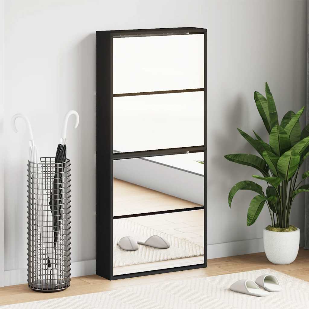 Scarpiera con Specchio a 4 Livelli Nera 63x17x134 cm