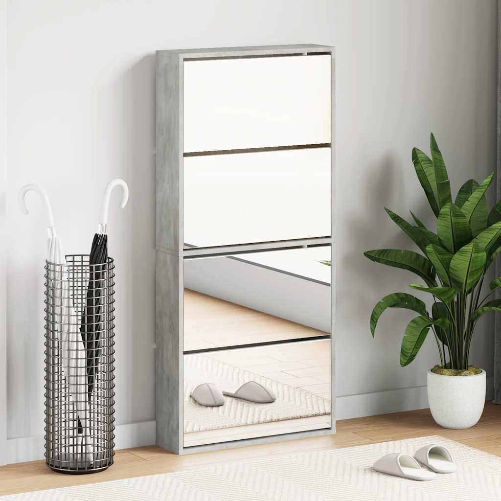 Scarpiera con Specchio a 4 Livelli Grigio Cemento 63x17x134 cm