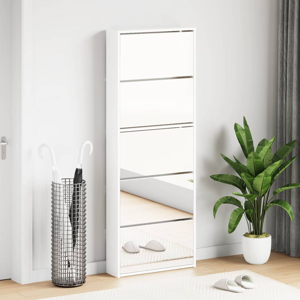 Scarpiera con Specchio a 5 Livelli Bianco Lucido 63x17x169,5 cm