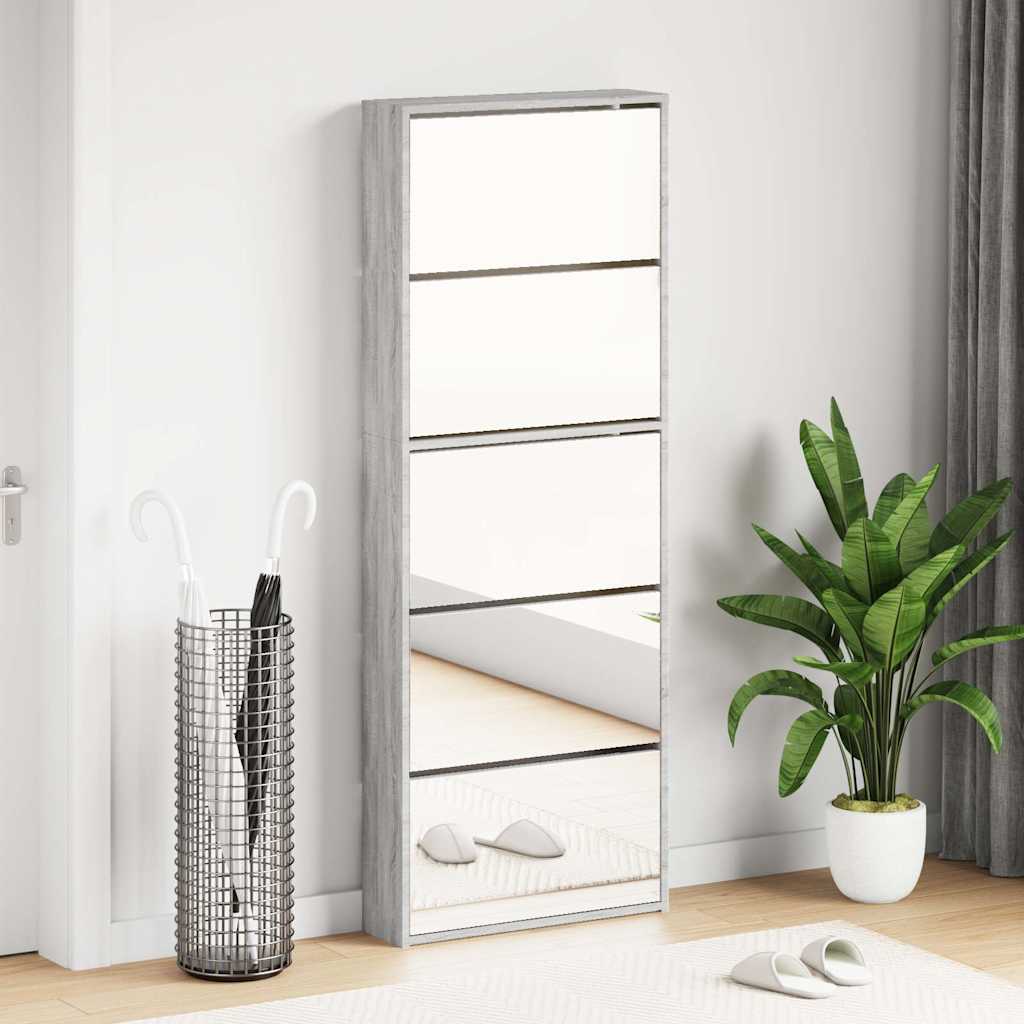 Scarpiera con Specchio a 5 Livelli Grigio Sonoma 63x17x169,5 cm