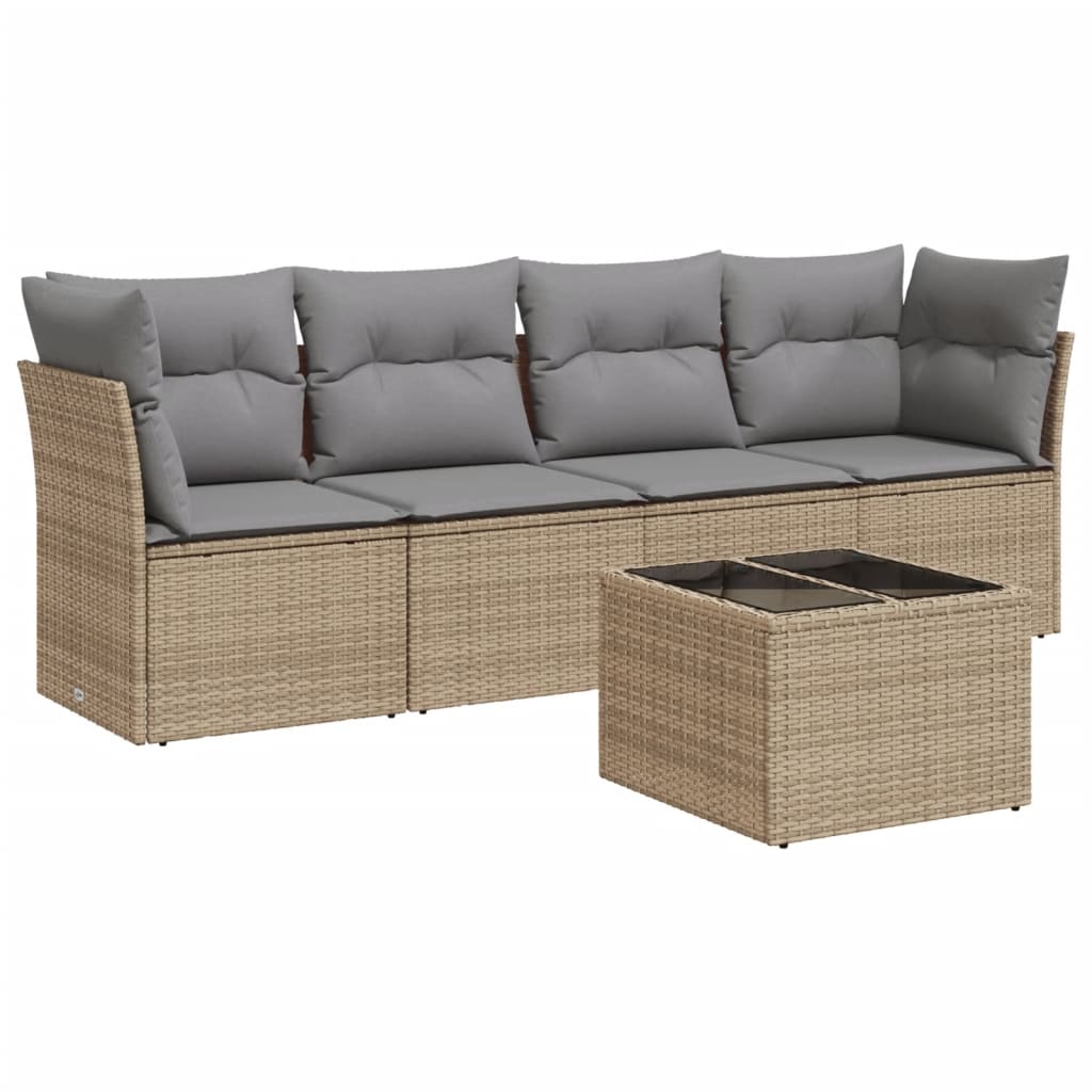 Set Divano da Giardino 5 pz con Cuscini Beige in Polyrattan