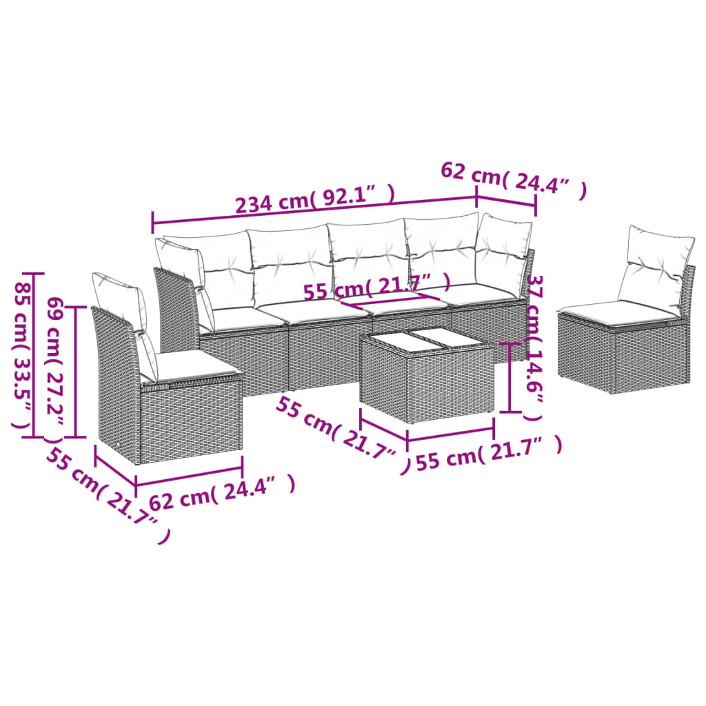 Set Divani da Giardino 7pz con Cuscini Grigio Chiaro Polyrattan