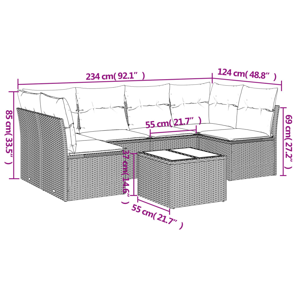 Set Divani da Giardino 7pz con Cuscini Grigio Chiaro Polyrattan