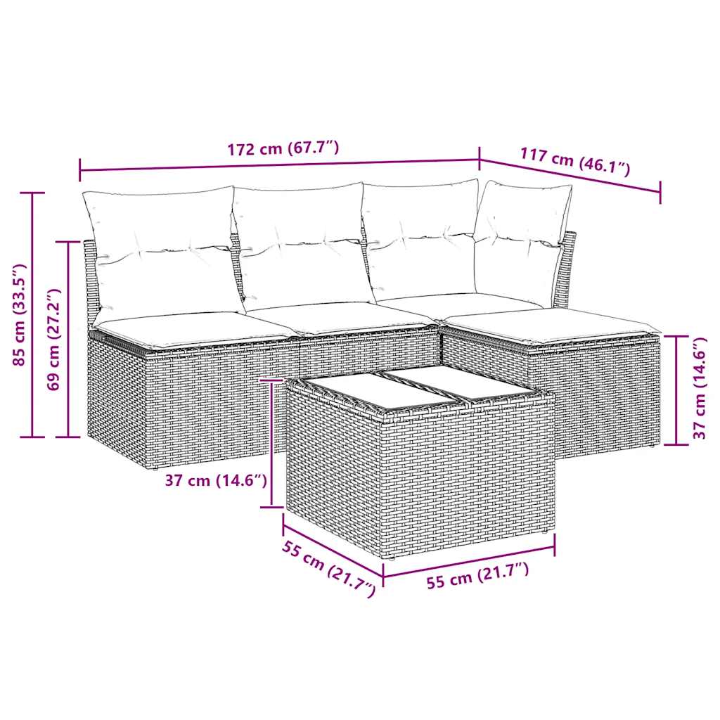 Set Divano da Giardino 5 pz con Cuscini Beige in Polyrattan