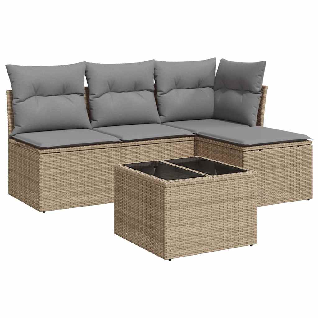 Set Divano da Giardino 5 pz con Cuscini Beige in Polyrattan