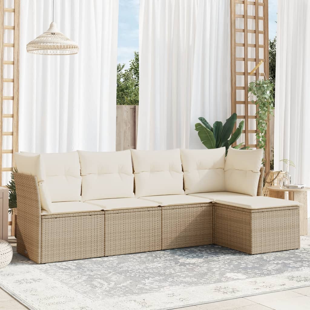 Set Divano da Giardino 5 pz con Cuscini Beige in Polyrattan