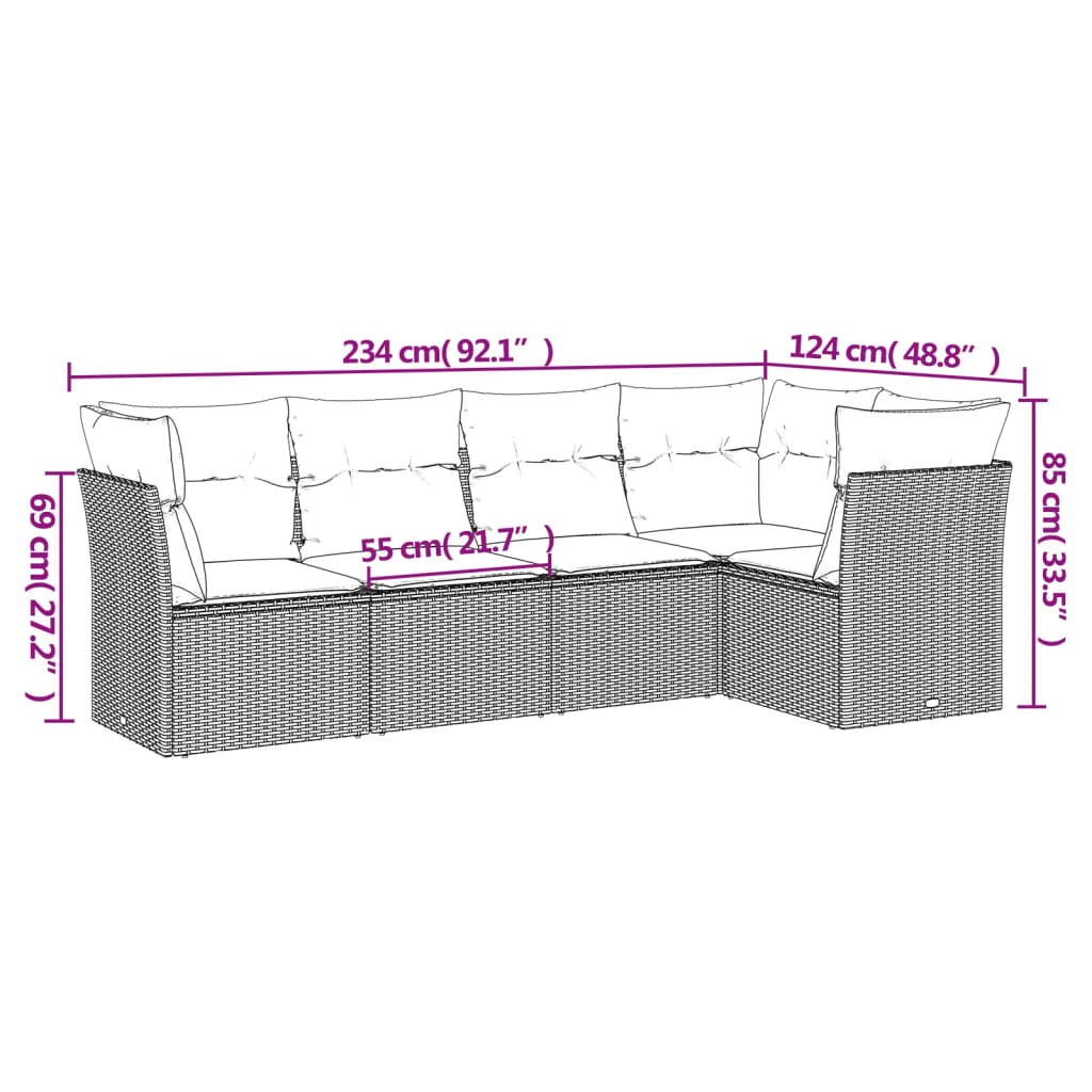 Set Divano da Giardino 5 pz con Cuscini Grigio in Polyrattan