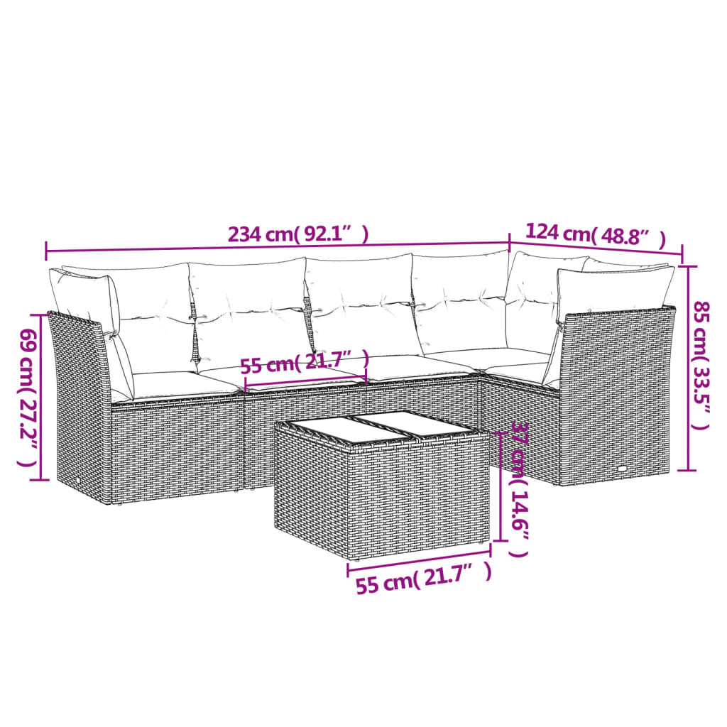 Set Divano da Giardino 6 pz con Cuscini Grigio in Polyrattan