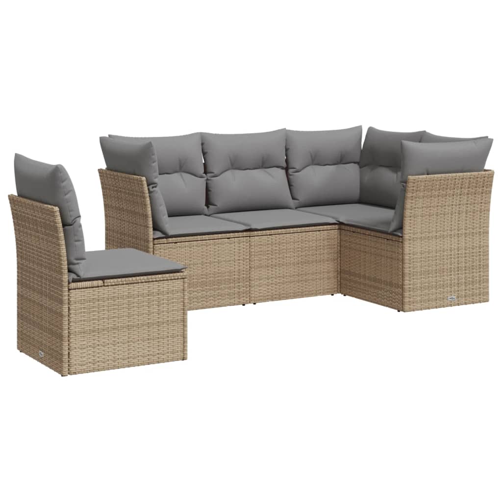 Set Divano da Giardino 5 pz con Cuscini Beige in Polyrattan