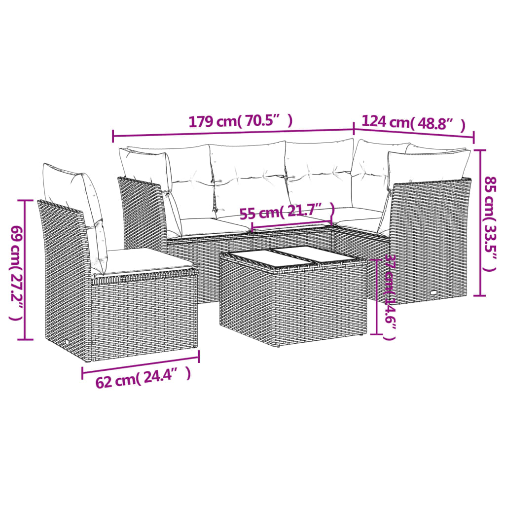 Set Divano da Giardino 6 pz con Cuscini Nero in Polyrattan