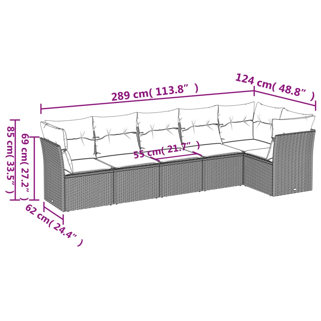 Set Divano da Giardino 6 pz con Cuscini Marrone in Polyrattan